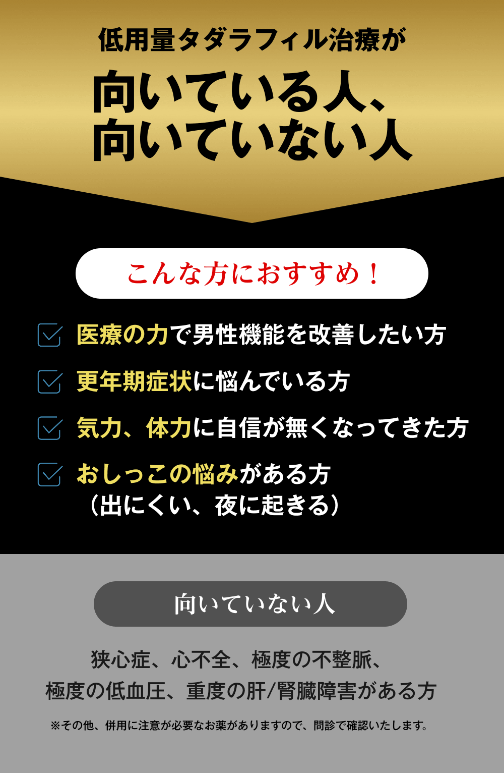 タダラフィルが治療向いている人、向いていない人の説明