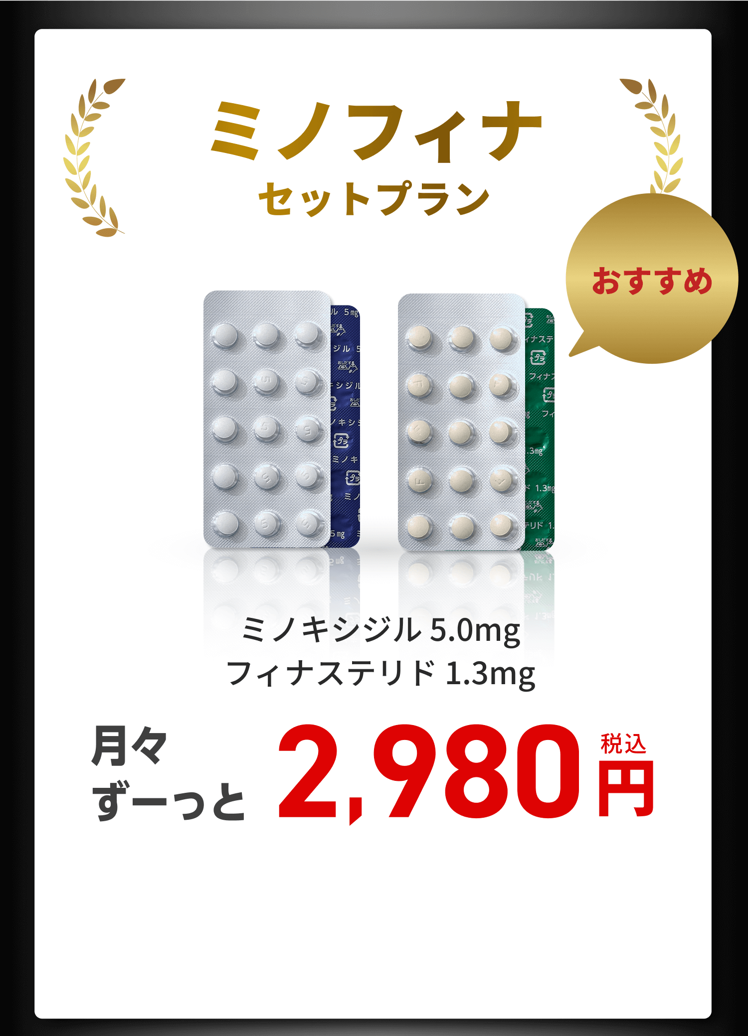 ミノフィナセットプラン ミノキシジル5.0mg フィナステリド1.3mg 2,980円（税込）